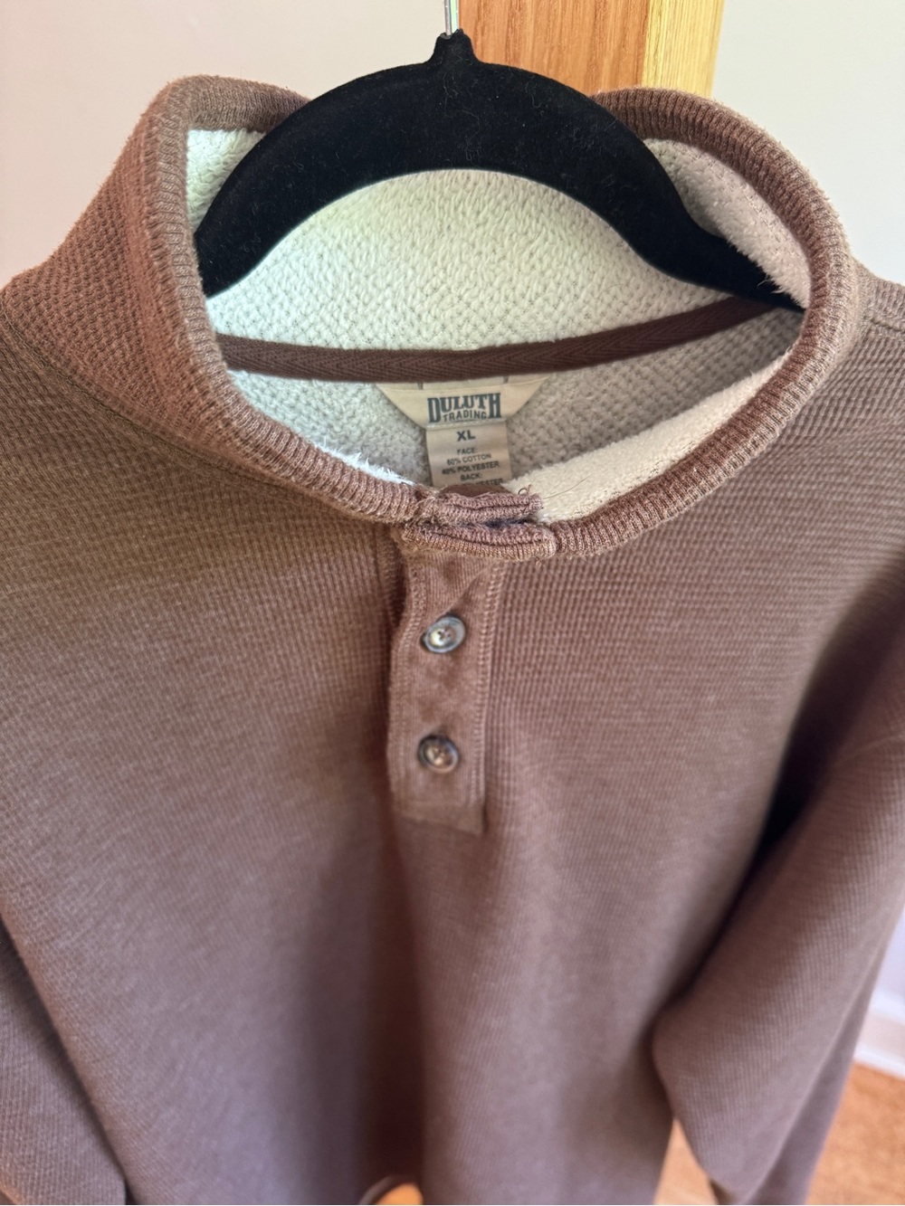 Duluth Trading Co Brown Upright Collar Henley with Cream Sherpa Lining